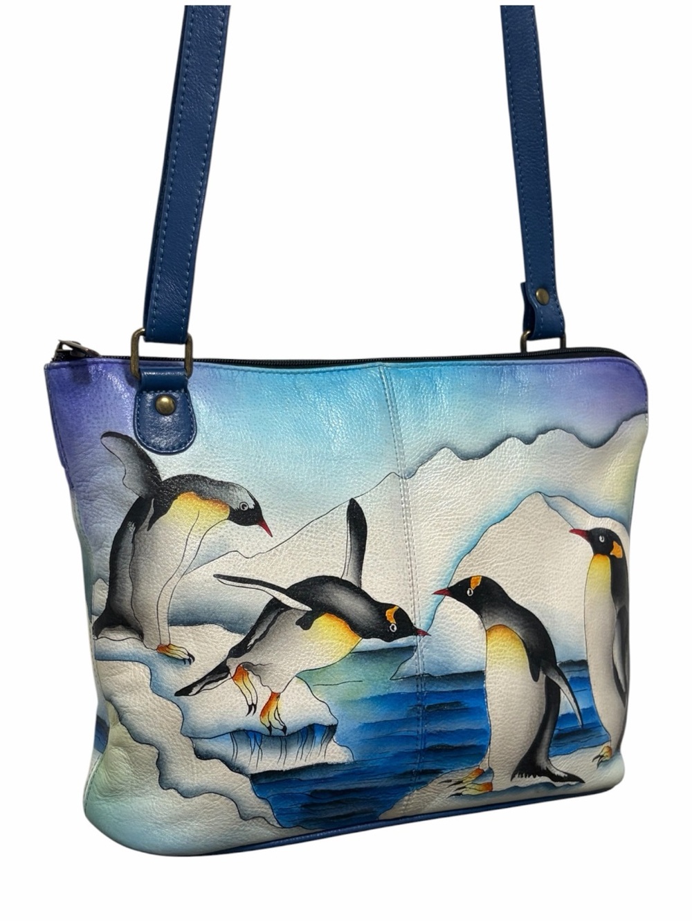 Anna Anuschka Arctic Penquin Handpainted Wearable Art Crossbody Bag - Brand New